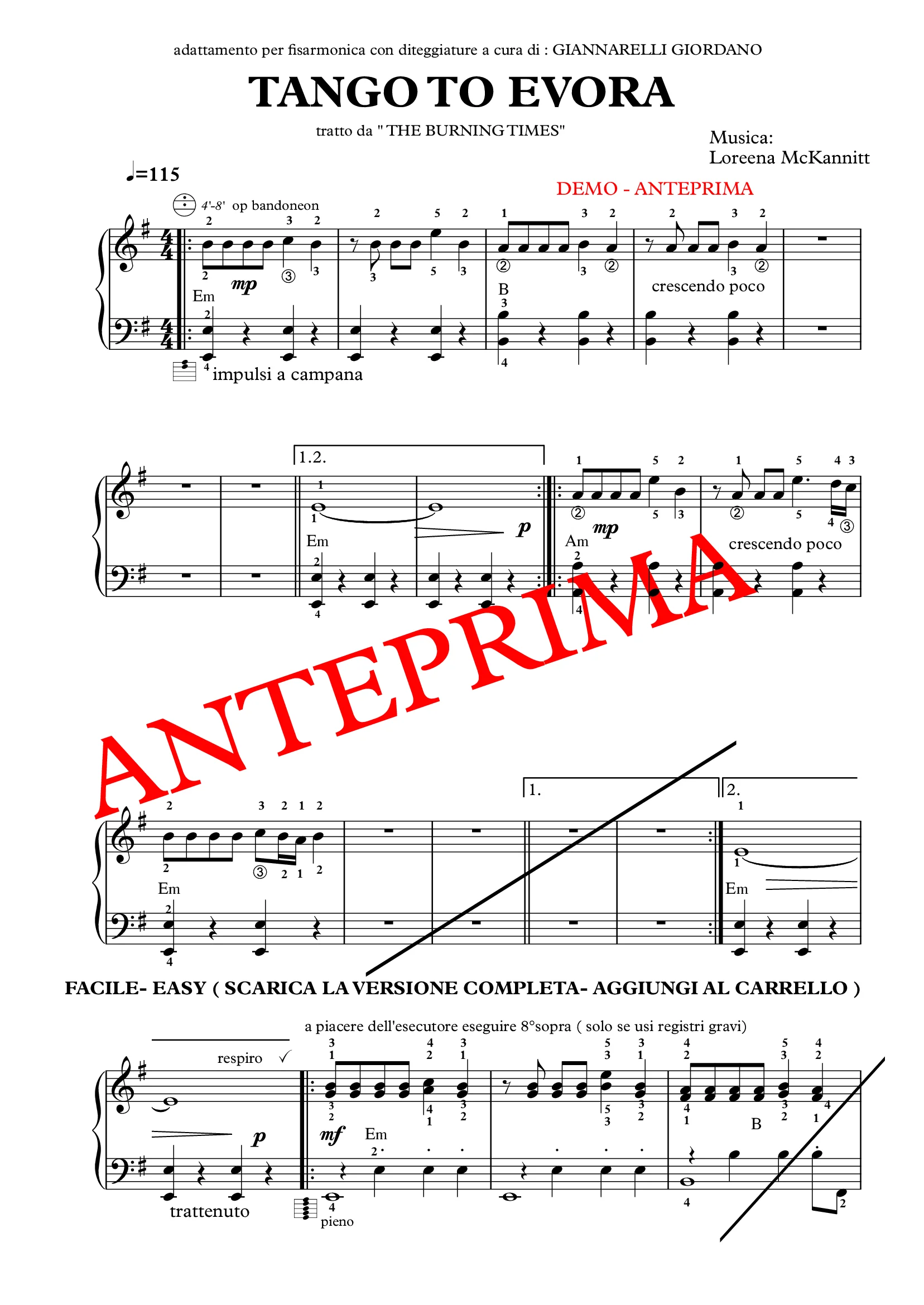 TANGO TO EVORA ( TUTTO LO SPARTITO) con DITEGGIATURE- FACILE-EASY